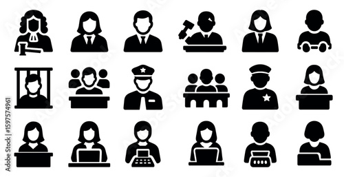 Law and justice icons set – solid, filled, court and legal symbols