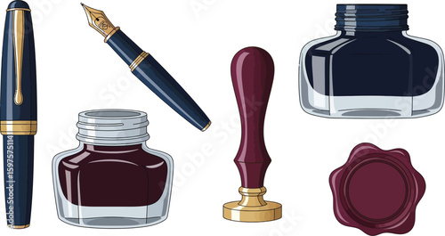 Fountain pen ink bottle wax seal set vector illustration stationery writing calligraphy office supply art