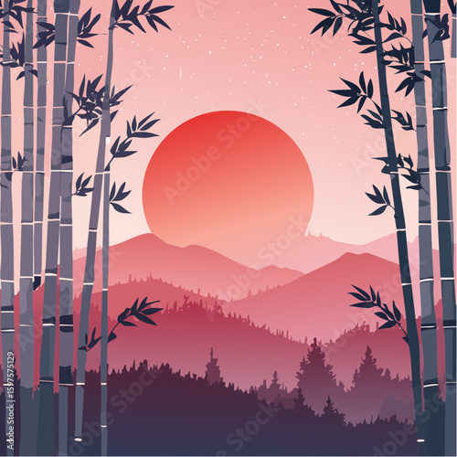 Serene Sunset Landscape Bamboo Forest and Misty Mountains