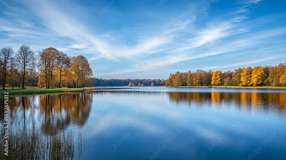 Fototapeta premium Calm autumn lake reflecting trees