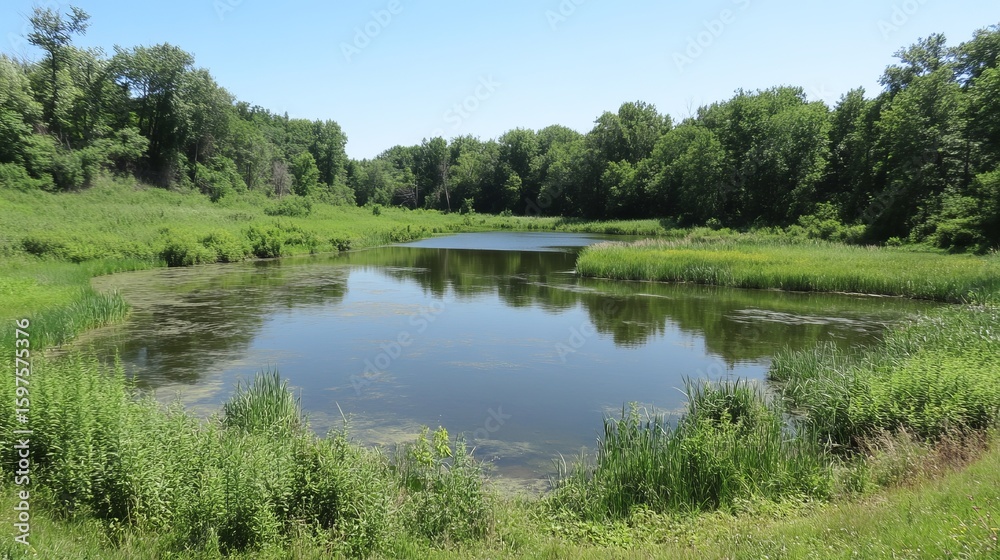 Fototapeta premium Tranquil pond nestled within a lush green forest