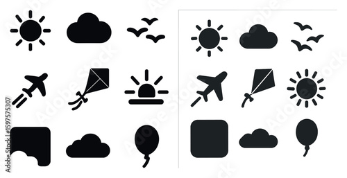 Weather and travel silhouette icons set – flat, solid, sky and vacation symbols