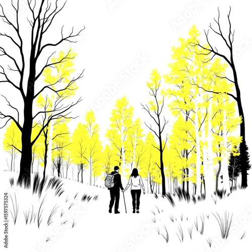 A couple hiking under yellow aspens on a crisp morning
