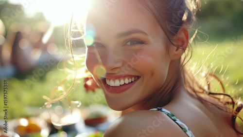 Happy woman smiles in sunlit park during picnic with friends on a warm afternoon, Sunlit happy woman faces, closeup in an intimate picnic scene, capturing the essence of summer joy