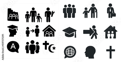 Community and family solid icons set – silhouette, filled, social and support symbols