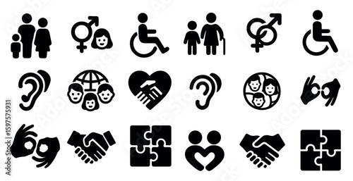 Accessibility and inclusivity solid icons set – filled, universal design symbols