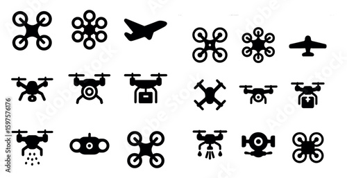 Drone and aviation solid icons set – filled, silhouette, flight and aerial symbols