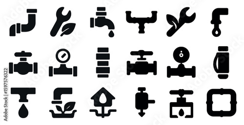 Plumbing and repair filled icons set – solid, toolkit, water supply illustrations