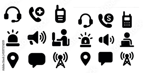 Communication and support icons set – solid, filled, contact symbols and tools