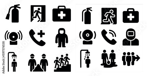 Safety and emergency solid icons set – filled, precaution, hazard symbols