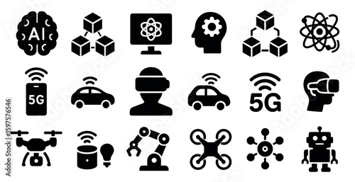 Technology and innovation solid icons set – filled, digital, ai tech symbols