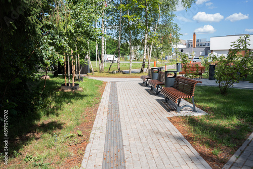 serene urban park scene with wooden benches along a paved pathway under bright blue sky, surrounded by lush green foliage and distant modern buildings on a sunny day, blue, peaceful, fresh, open