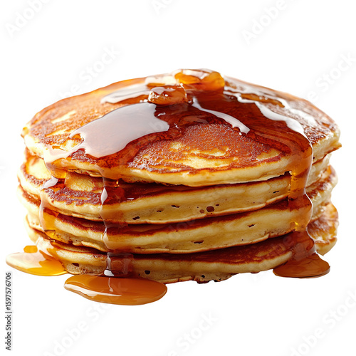 Salted caramel pancakes stacked with syrup isolated on transparent background