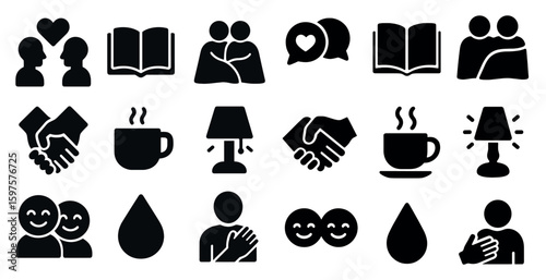 Relationships and communication solid icons set – silhouette, filled, empathy symbols