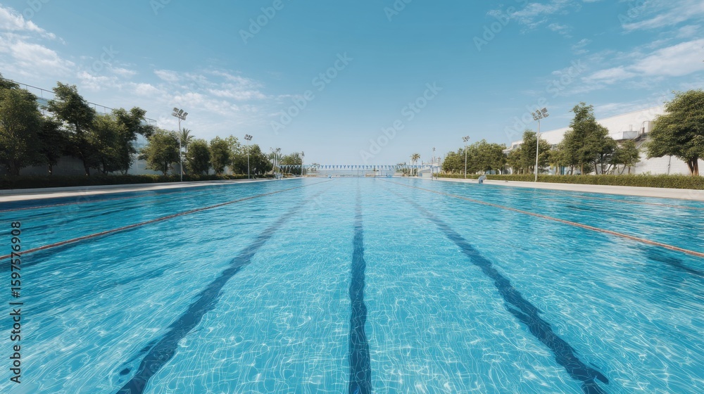 Fototapeta premium Endless Aquatic Arena: Serene Swimming Pool Under Bright Blue Sky Panorama