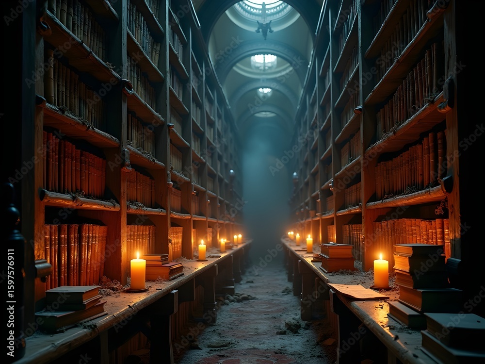 Fototapeta premium Ancient Candlelit Library with Dusty Old Books