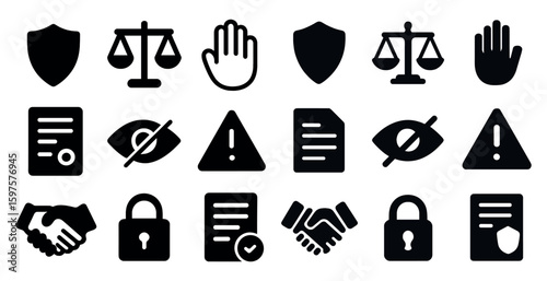 Legal and law solid icons set – silhouette, justice, courtroom symbols collection