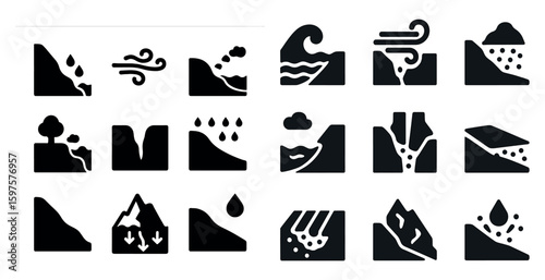 Natural disaster icons set – solid, filled, geology and environmental symbols