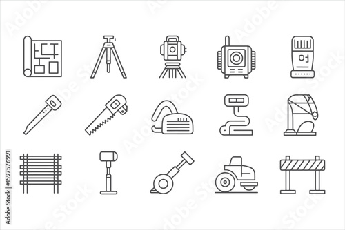 Collection of construction and surveying equipment icons on white background blueprint plan