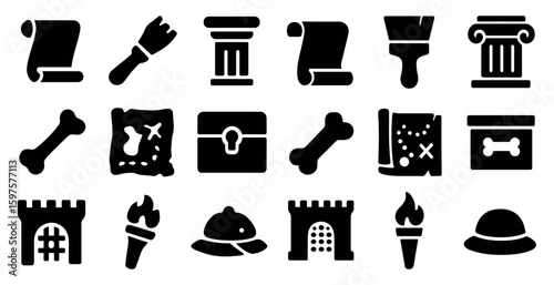 Archaeology solid icons set – exploration, ancient artifact discovery symbols