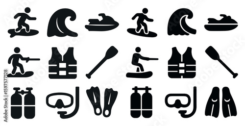 Water sports silhouette icons set – aquatic, scuba, surfing symbols