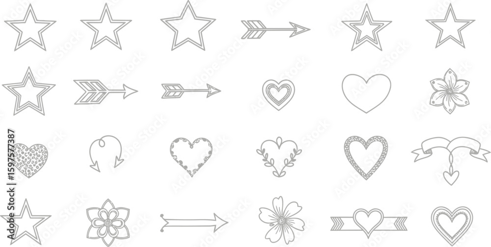 Fototapeta premium Chalkboard drawing icons stars arrows hearts flowers banners vector design elements illustration art