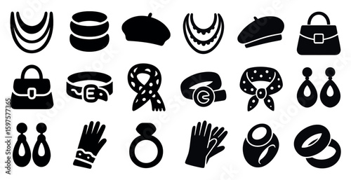 Fashion accessories silhouette icons set – bags, jewelry, stylish wardrobe symbols