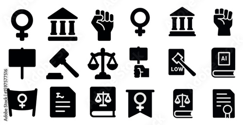 Legal and justice solid icons set – flat, filled, law and courtroom symbols