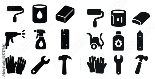 Home renovation solid icons set – tools, construction, and diy essentials