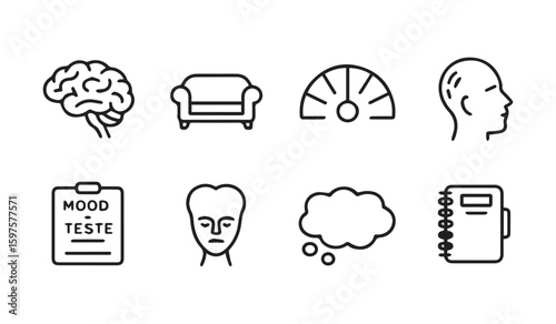 Collection of simple black line art icons related to mental health and psychology brain therapy
