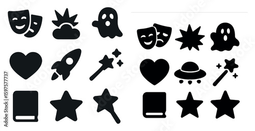 Entertainment and theater icon set - solid, filled, drama and performance symbols