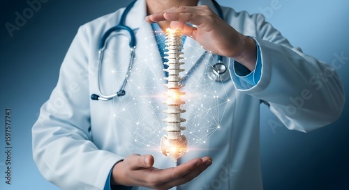 Doctor Examining Spine with Digital Network, Healthcare Innovation, Medical Technology, Futuristic Spine Treatment Illustration
