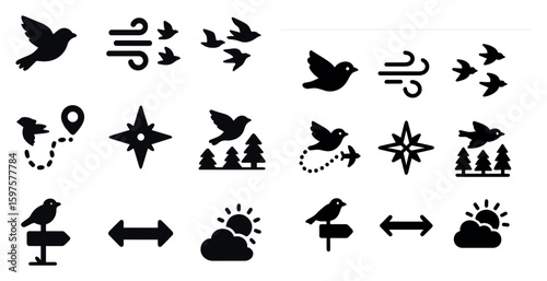 Bird and nature solid icons set – silhouette, filled, wildlife and outdoor symbols
