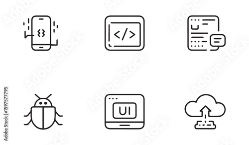 Collection of six black outline icons depicting software development and technology concepts vector