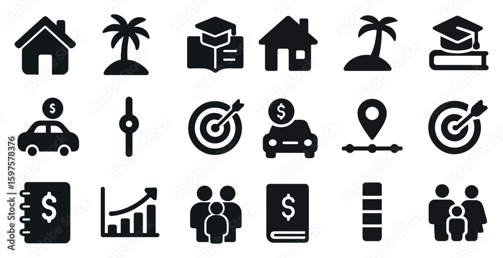 Education and finance solid icons set – filled, symbols, learning and monetary tools Education and finance solid icons set – filled, symbols, learning and monetary tools