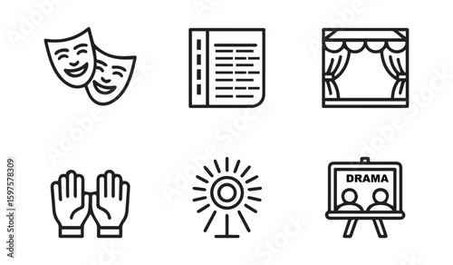 Collection of six black outline icons representing theatre and performance elements drama symbol