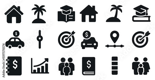 Education and finance solid icons set – filled, symbols, learning and monetary tools