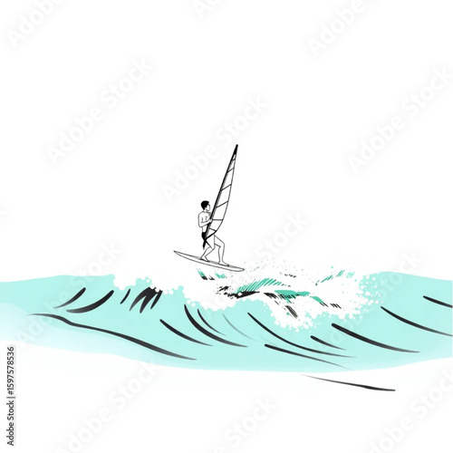 A windsurfer balancing on turquoise waves