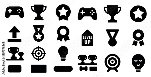 Gamer awards solid icons set – trophies, badges, gaming symbols