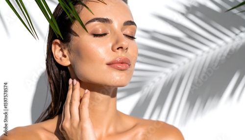 Woman with flawless skin, tropical shadows