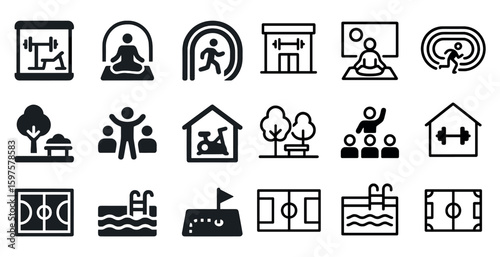 Fitness and gym outline icons set – line, workout, exercise and training symbols