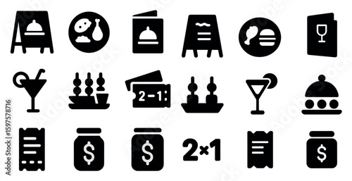 Food and beverage solid icons set – silhouette, filled, dining and culinary symbols