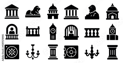 Classic architecture solid icons set – silhouette, filled, ancient building symbols