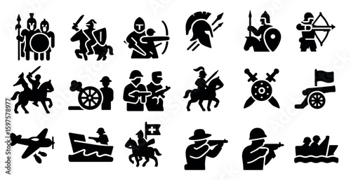 Historical warfare silhouette icons set – solid, medieval, battle symbols