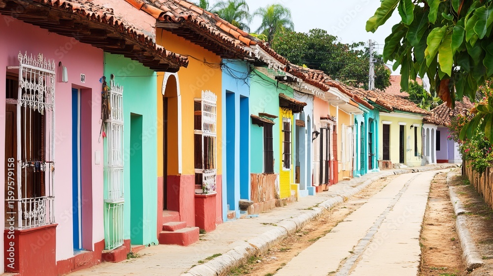 Fototapeta premium Colorful houses line a street, vibrant hues
