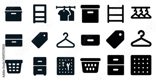 Storage and organization solid icons set – filled, flat, closet and shelf symbols