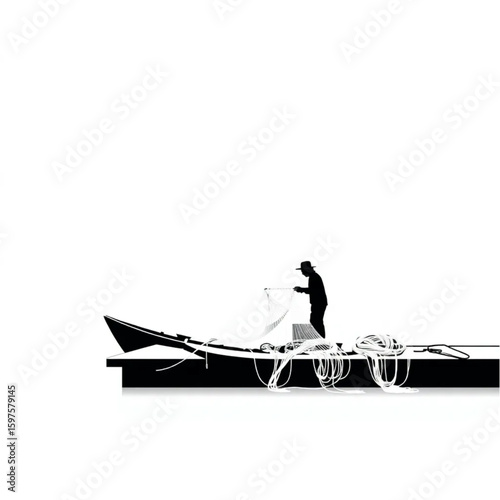 A fisherman mending nets in the shade of a dock