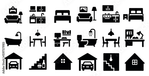 Home and living silhouette icons set – filled, household, furniture symbols