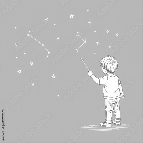 A child drawing constellations with sidewalk chalk
