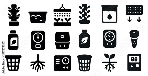Hydroponics gardening solid icons set – indoor, filled, plant cultivation symbols